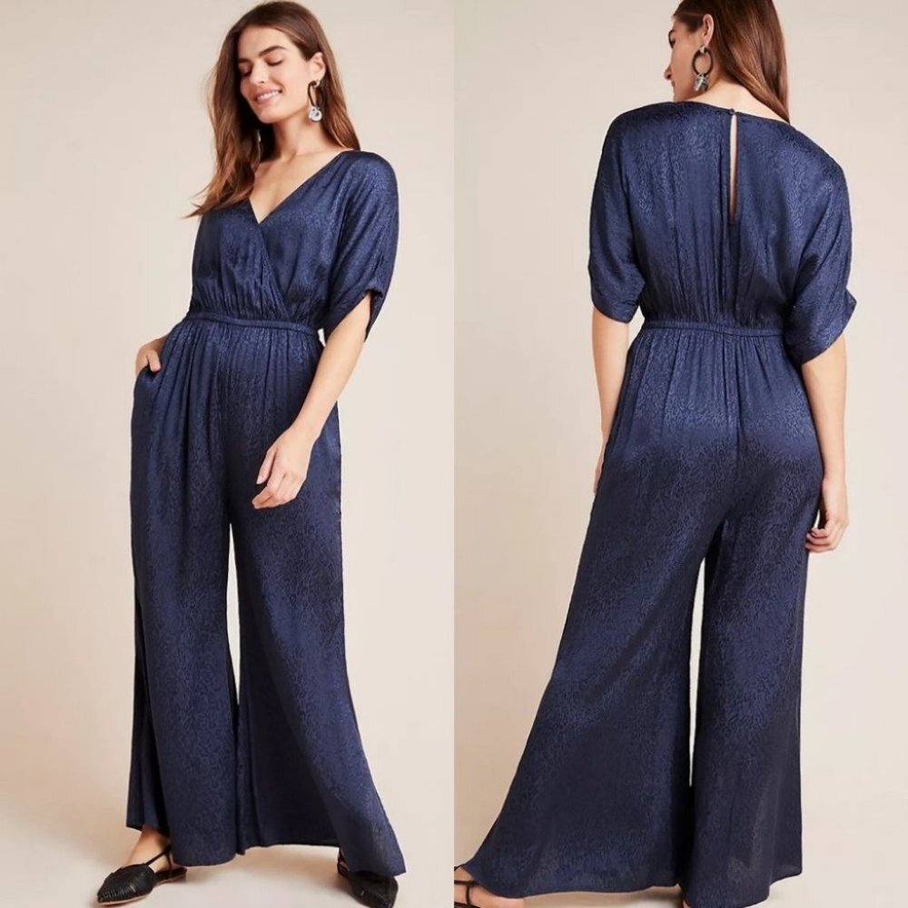 Anthropologie Maeve Jacquard Jumpsuit Blue Navy Blue Size Small‎ Bohemian Wide S